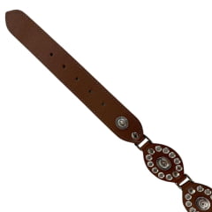 Cinto Feminino Paul Western Couro Marrom Com Detalhes Em Ilhos E Medalhas Pequenas Com Ponteira Fivela Prata Ref:483