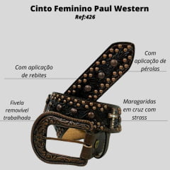 Cinto Feminino Paul Western Couro Marrom Escuro Com Detalhes Em Dourado Com Cruz De Strass Ref:426