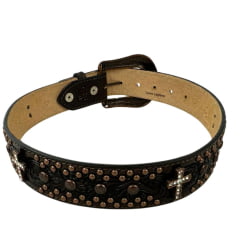 Cinto Feminino Paul Western Couro Marrom Escuro Com Detalhes Em Dourado Com Cruz De Strass Ref:426