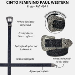 Cinto Feminino Paul Western Preto De Gliter Com Fivela Prata Com Brilho R.464 1