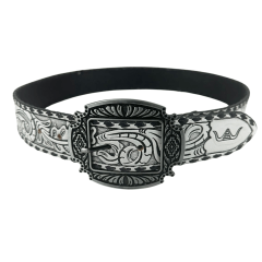 Cinto Feminino Pyramid Country Couro Branco Entalhado Ramo Com Trança Lateral Preto - Ref. PY-6773