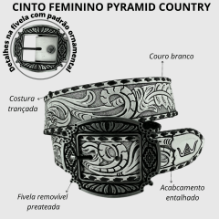 Cinto Feminino Pyramid Country Couro Branco Entalhado Ramo Com Trança Lateral Preto - Ref. PY-6773
