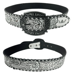 Cinto Feminino Pyramid Country Couro Branco Entalhado Ramo Com Trança Lateral Preto - Ref. PY-6773