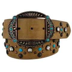 Cinto Feminino Pyramid Country Couro Creme Strass Cravinhos Pedra Azul Claro Fivela Oval Ref: PY-6157