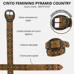 Cinto Feminino Pyramid Country Couro Creme Strass Cravinhos Pedra Azul Claro Fivela Oval Ref: PY-6157