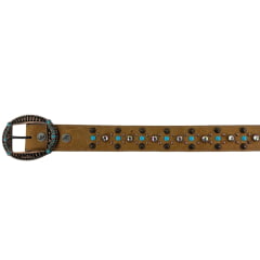 Cinto Feminino Pyramid Country Couro Creme Strass Cravinhos Pedra Azul Claro Fivela Oval Ref: PY-6157