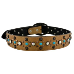 Cinto Feminino Pyramid Country Couro Creme Strass Cravinhos Pedra Azul Claro Fivela Oval Ref: PY-6157