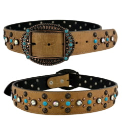 Cinto Feminino Pyramid Country Couro Creme Strass Cravinhos Pedra Azul Claro Fivela Oval Ref: PY-6157