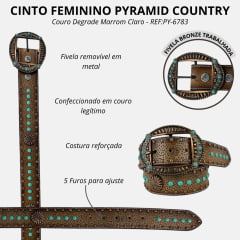Cinto Feminino Pyramid Country Couro Degradê Marrom Claro Pintas Cravinhos Fivela Oval Pedras Azul Claro Ref:PY-6783