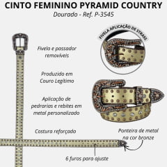 Cinto Feminino Pyramid Country Couro Dourado Com Strass Fivela E Ponteira - Ref. P-3545