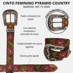 Cinto Feminino Pyramid Country Couro Havana Bordado Ramo e Flor Colorido Ref.PY-6004