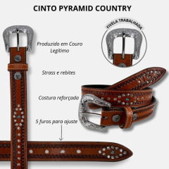 Cinto Feminino Pyramid Country Couro Havana Duplo Com Strass Branco e Azul - Ref.PY-6548