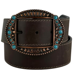 Cinto Feminino Pyramid Country Couro Marrom Café Liso Fivela Oval Pedra Azul Claro Ref:PY-6161