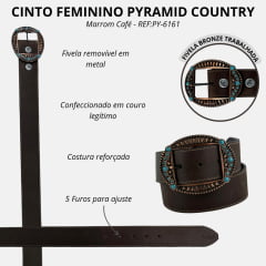 Cinto Feminino Pyramid Country Couro Marrom Café Liso Fivela Oval Pedra Azul Claro Ref:PY-6161