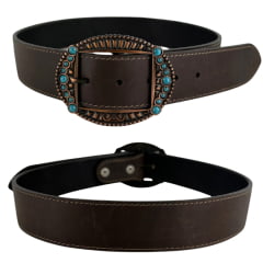 Cinto Feminino Pyramid Country Couro Marrom Café Liso Fivela Oval Pedra Azul Claro Ref:PY-6161