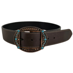 Cinto Feminino Pyramid Country Couro Marrom Café Liso Fivela Oval Pedra Azul Claro Ref:PY-6161
