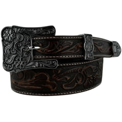 Cinto Feminino Pyramid Country Couro Marrom Despontado Floral Fivela E Ponteira Prata Ref:PY-9701