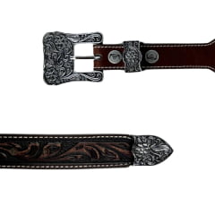 Cinto Feminino Pyramid Country Couro Marrom Despontado Floral Fivela E Ponteira Prata Ref:PY-9701