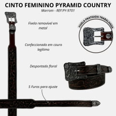 Cinto Feminino Pyramid Country Couro Marrom Despontado Floral Fivela E Ponteira Prata Ref:PY-9701