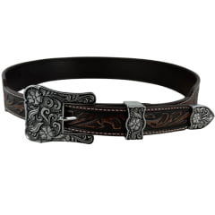 Cinto Feminino Pyramid Country Couro Marrom Despontado Floral Fivela E Ponteira Prata Ref:PY-9701