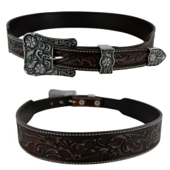 Cinto Feminino Pyramid Country Couro Marrom Despontado Floral Fivela E Ponteira Prata Ref:PY-9701