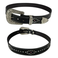 Cinto Feminino Pyramid Country Couro Preto C/ Strass FPP Ref: P-661