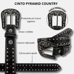 Cinto Feminino Pyramid Country Couro Preto Com Strass Preto e Rebite - Ref.900