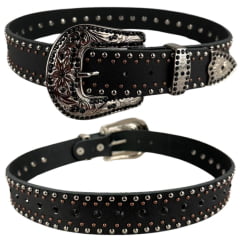 Cinto Feminino Pyramid Country Couro Preto Com Strass Preto na Correia Fivela e Ponteira - Ref. 3803