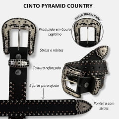 Cinto Feminino Pyramid Country Couro Preto Com Strass Preto na Correia Fivela e Ponteira - Ref. 3803