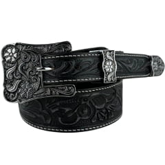 Cinto Feminino Pyramid Country Couro Preto Despontado Floral Lixado Fivela E Ponteira Prata Ref:PY-9701