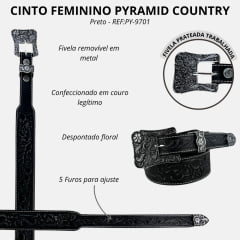 Cinto Feminino Pyramid Country Couro Preto Despontado Floral Lixado Fivela E Ponteira Prata Ref:PY-9701