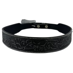 Cinto Feminino Pyramid Country Couro Preto Despontado Floral Lixado Fivela E Ponteira Prata Ref:PY-9701