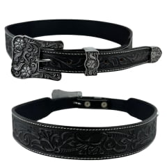 Cinto Feminino Pyramid Country Couro Preto Despontado Floral Lixado Fivela E Ponteira Prata Ref:PY-9701