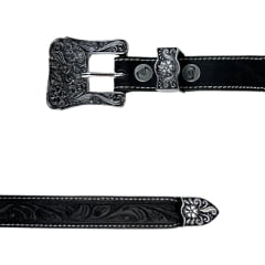Cinto Feminino Pyramid Country Couro Preto Despontado Floral Lixado Fivela E Ponteira Prata Ref:PY-9701