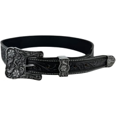 Cinto Feminino Pyramid Country Couro Preto Despontado Floral Lixado Fivela E Ponteira Prata Ref:PY-9701