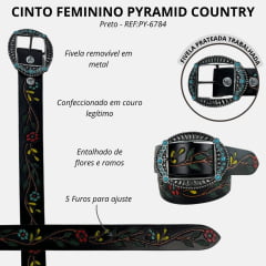 Cinto Feminino Pyramid Country Couro Preto Entalhado Flores E Ramos Coloridos Ref:PY-6784