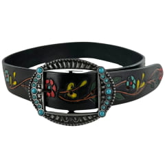 Cinto Feminino Pyramid Country Couro Preto Entalhado Flores E Ramos Coloridos Ref:PY-6784