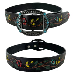 Cinto Feminino Pyramid Country Couro Preto Entalhado Flores E Ramos Coloridos Ref:PY-6784