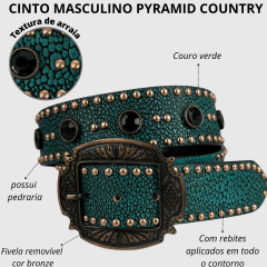 Cinto Feminino Pyramid Country Couro Verde Textura Arraia Com Strass Preto e Detalhe Cravos Dourado - Ref. PY-6775