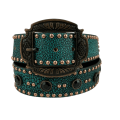 Cinto Feminino Pyramid Country Couro Verde Textura Arraia Com Strass Preto e Detalhe Cravos Dourado - Ref. PY-6775