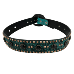 Cinto Feminino Pyramid Country Couro Verde Textura Arraia Com Strass Preto e Detalhe Cravos Dourado - Ref. PY-6775