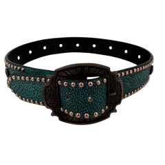 Cinto Feminino Pyramid Country Couro Verde Textura Arraia Com Strass Preto e Detalhe Cravos Dourado - Ref. PY-6775