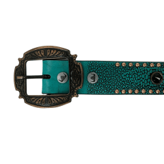 Cinto Feminino Pyramid Country Couro Verde Textura Arraia Com Strass Preto e Detalhe Cravos Dourado - Ref. PY-6775