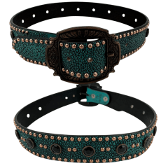 Cinto Feminino Pyramid Country Couro Verde Textura Arraia Com Strass Preto e Detalhe Cravos Dourado - Ref. PY-6775