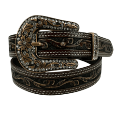 Cinto Feminino Pyramid Country Marrom 2 Costuras Entalhado Ramo e Fivela Com Strass - Ref: PY-662