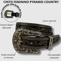 Cinto Feminino Pyramid Country Marrom 2 Costuras Entalhado Ramo e Fivela Com Strass - Ref: PY-662