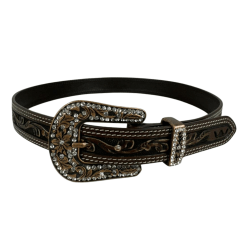 Cinto Feminino Pyramid Country Marrom 2 Costuras Entalhado Ramo e Fivela Com Strass - Ref: PY-662