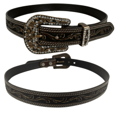 Cinto Feminino Pyramid Country Marrom 2 Costuras Entalhado Ramo e Fivela Com Strass - Ref: PY-662
