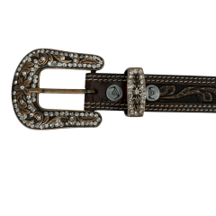 Cinto Feminino Pyramid Country Marrom 2 Costuras Entalhado Ramo e Fivela Com Strass - Ref: PY-662
