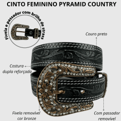Cinto Feminino Pyramid Country Preto 2 Costuras Entalhado Ramo e Fivela Com Strass - Ref: PY-662